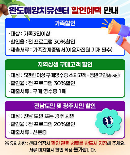 완도해양치유센터 할인혜택 안내 1. 가족할인 -대상: 가족3인이상 -할인율: 전 프로그램 30%할인 -제출서류: 가족관계증명서(이용자전원 기재 필수)  2. 지역상생 구매고객 할인 -대상: 5만원 이상 구매영수증 소지고객+동반 2인(총 3인) -할인율: 전 프로그램 30%할인 -제출서류: 구매 영수증 1매  3. 전남도민 및 광주시민 할인 -대상: 전남 도민 또는 광주 시민 -할인율: 전 프로그램 20%할인 -제출서류 : 신분증 유의사항: 센터 입장시 할인 관련 서류를 반드시 지참해 주세요. 서류 미지참시 할인 적용 불가합니다.